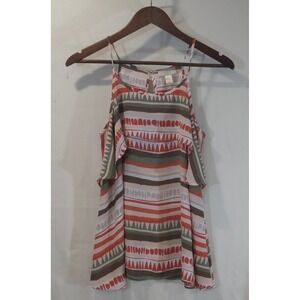 Loft Womens Geometric Southwestern Ruffle Halter Blouse Orange Green Small